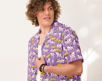 Camisa unisex con botones y estampado de vacas escondidas de plátano