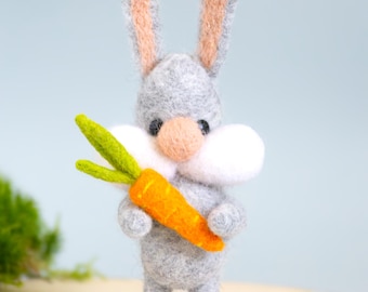 Needle Felted Bunny with Carrot - Merino Wool Easter Decoration