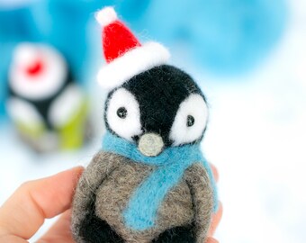 Felted penguin toy, penguin gift, needle felted baby penguin, penguin fiber sculpture, fun Christmas ornament, cute holiday decor