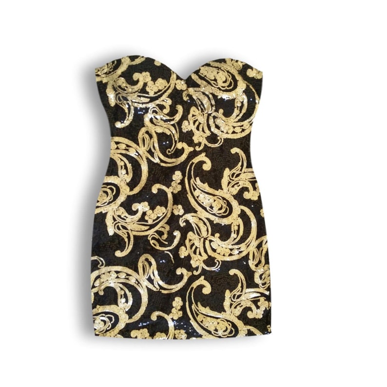 LBD Black strapless sequin dress mini party dress guest dress black cocktail dress 80s style Paisley mini dress Pailletten-Kleid