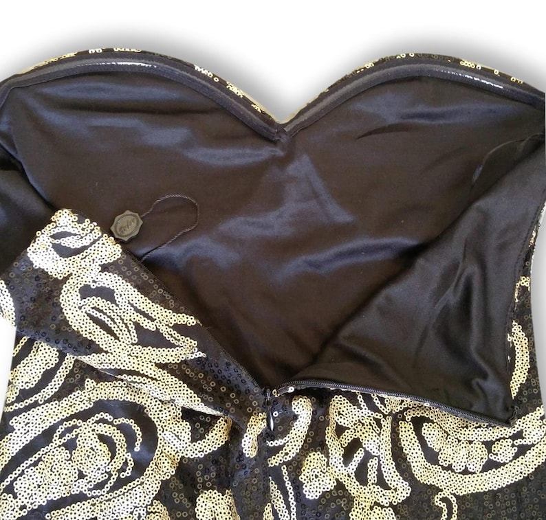LBD Black strapless sequin dress mini party dress guest dress black cocktail dress 80s style Paisley mini dress Pailletten-Kleid