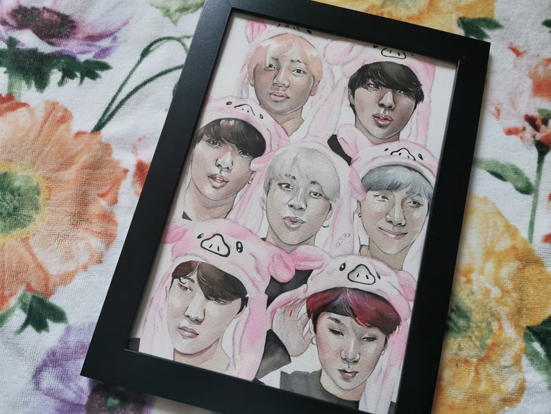 Original Aquarel Painting Drawing Kpop BTS Cute OT7 Jimin Taehyung Yoongi Jungkook Fanart