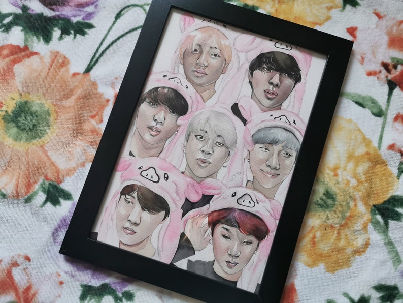 Original Aquarel Painting Drawing Kpop BTS Cute OT7 Jimin Taehyung Yoongi Jungkook Fanart