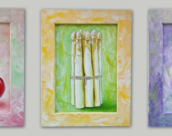 Decorative acrylic paintings with frame, cherry, asparagus, eggplant