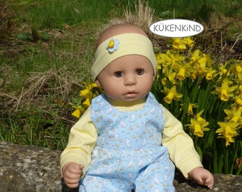 Puppenkleidung 48cm 3tlg Set zu Ostern Baumwollshirt mit Latzhose und Stirnband für dicke Babypuppen Größe 45-50cm