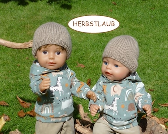 Puppenkleidung 43cm 3/4tlg Set Hoodie mit Cordhose, Strickmütze mit/ohne Stricksocken für Steh- und Babypuppen Größe 40-45cm