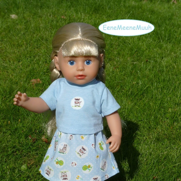 Vêtements de poupée 36 cm Ensemble 3 pièces chemise avec applications avec jupe et pantalon pour poupée de taille étroite 36 cm