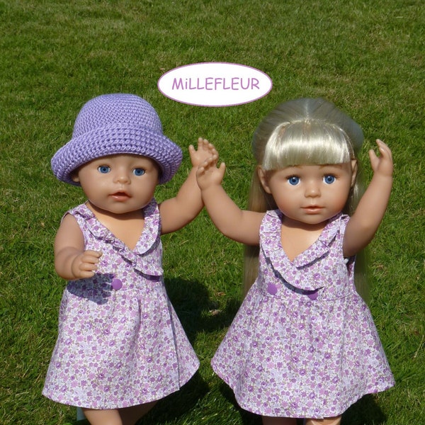 Vêtements de poupée 43 cm, ensemble 2/3 pièces, robe d'été, robe portefeuille violette avec pantalon au choix avec/sans chapeau de soleil pour poupées debout et poupées de taille 40-45 cm