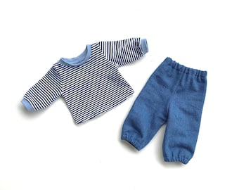 Puppenkleidung 36cm 2/4tlg Set Ringelshirt mit Jeanshose wahlweise mit/ohne Socken und Strickmütze für Stoffpuppe Steh-/Babypuppe Größe 36cm