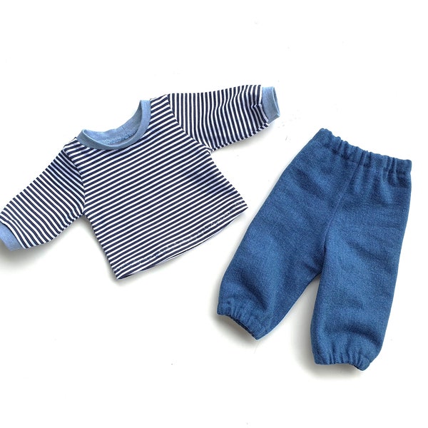 Puppenkleidung 36cm 2/4tlg Set Ringelshirt mit Jeanshose wahlweise mit/ohne Socken und Strickmütze für Stoffpuppe Steh-/Babypuppe Größe 36cm