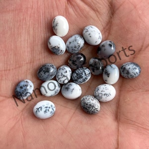 May include: A collection of 15 oval-shaped, white and black dendritic agate gemstones. The stones have a natural, rough texture and are approximately 10mm in size.