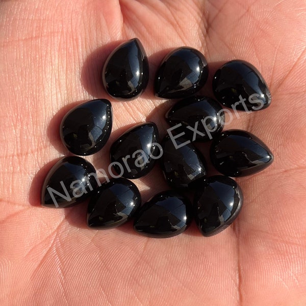 Natural Black Onyx Cabochon Loose Gemstone, Back Side Flat Pear 3x5,4x6,5x7,5x8,6x9,7x10, 8x12, 10x14, 12x16, 13x18, 15x20 MM