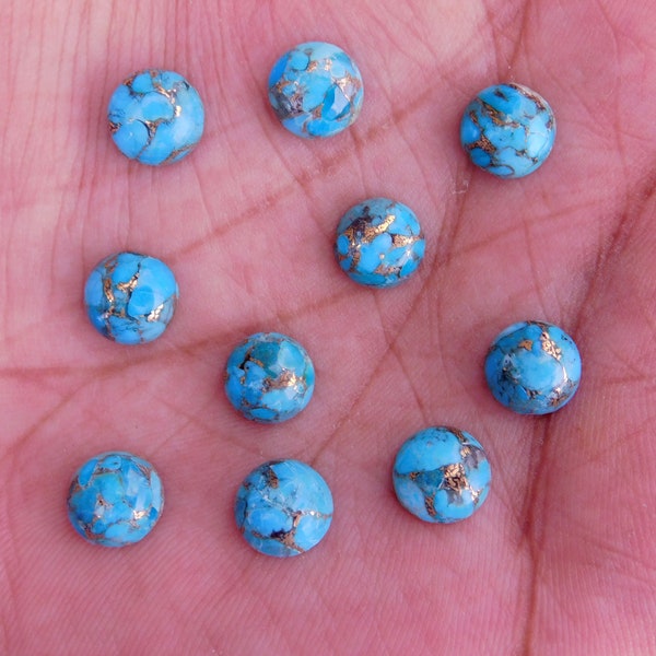 Blue Copper Turquoise Round Cabochon Loose Gemstone Back Side Flat 4, 5, 6, 7, 8, 9, 10, 11, 12, 13, 14, 15, 16, 18, 20 MM