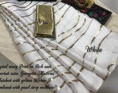 White 100 Pure Satin Silk Designer Saree Zig Zag Printed Girlish Sari With Golden Plain Unstitched Blouse Fabric Dress Material