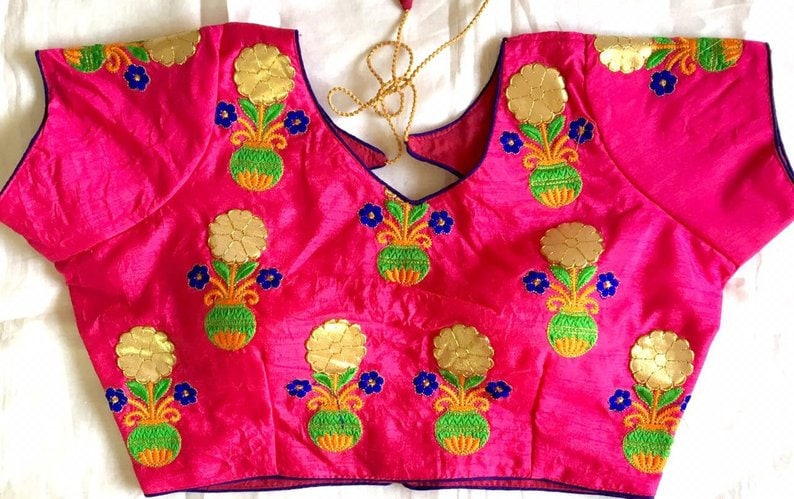 Designer Readymade GOTTA Floral New Banglori Silk Wedding Saree Stitched Embroidery Blouse Crop Sari Top Work For Women