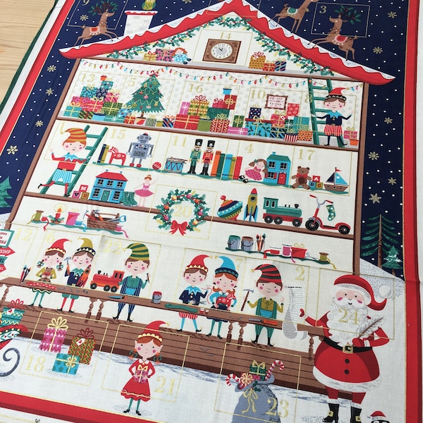 Santa's Workshop Advent Panel, Makower Fabric Santa's Workshop, Let it Snow, DIY Sew your own Advent Calendar, Reusable