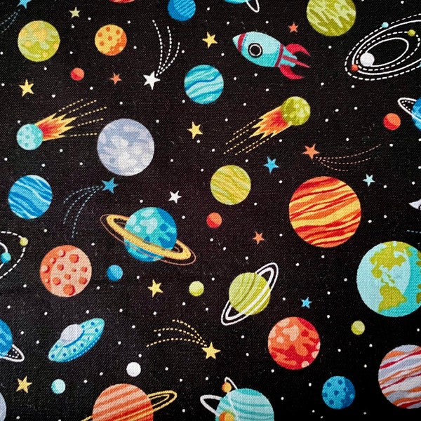Makower Outer Space Fabric, On Black, Planets, Spaceships, Astronauts, Stars, Moon, Sold by the Quarter Metre Space Fabric