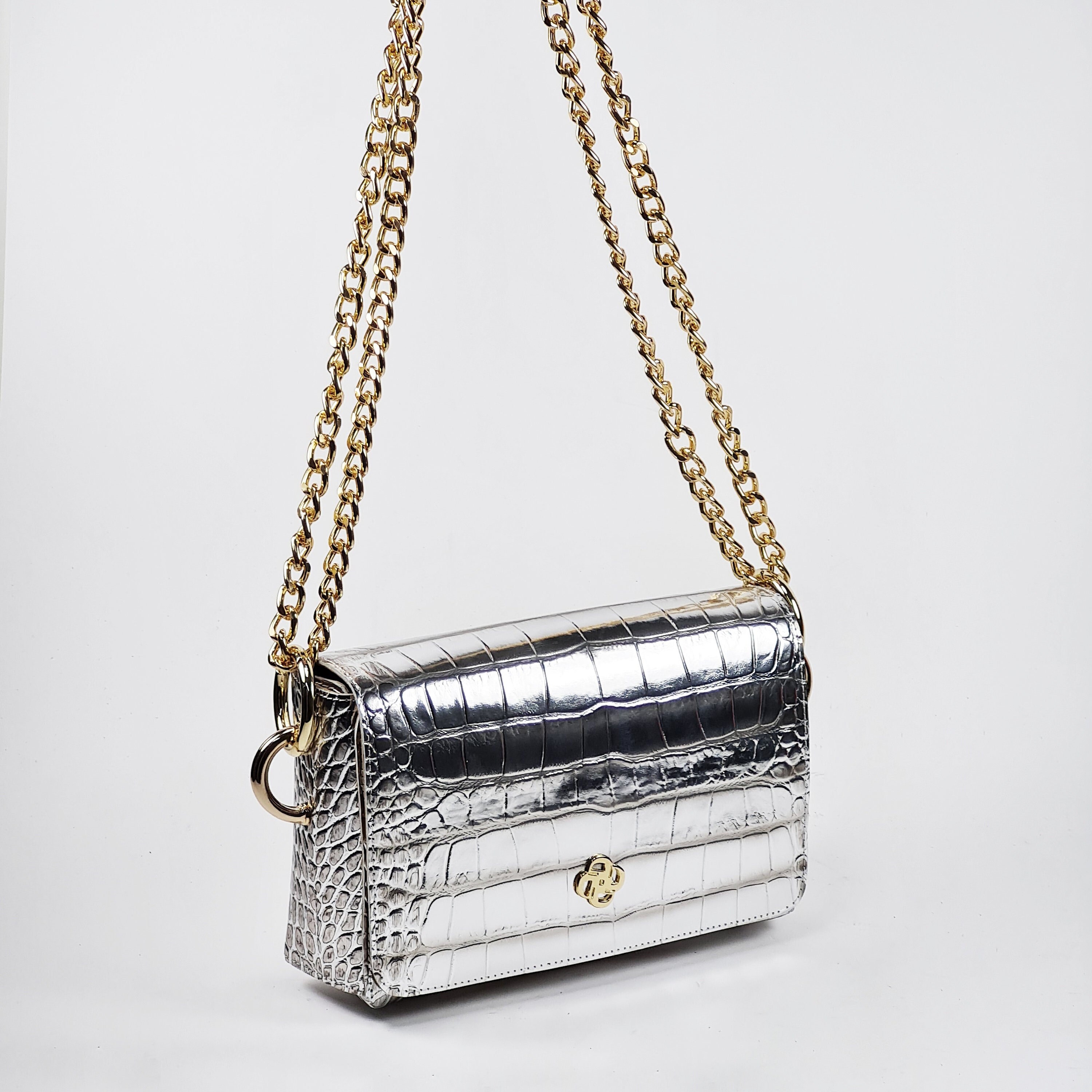 Handmade Silver Leather Bag With the Golden Chain 