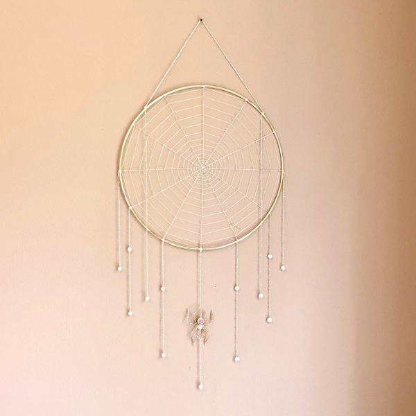 Golden Drops of Dawn - Handmade Giant Spiderweb Dreamcatcher with Beaded Spider Wall Hanging Art by Cassidy Lynn