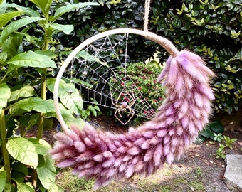 Half Moon Harvest - Handmade Spiderweb Floral Wheat Wreath with Beaded Spider Wall Hanging Art by Cassidy Lynn