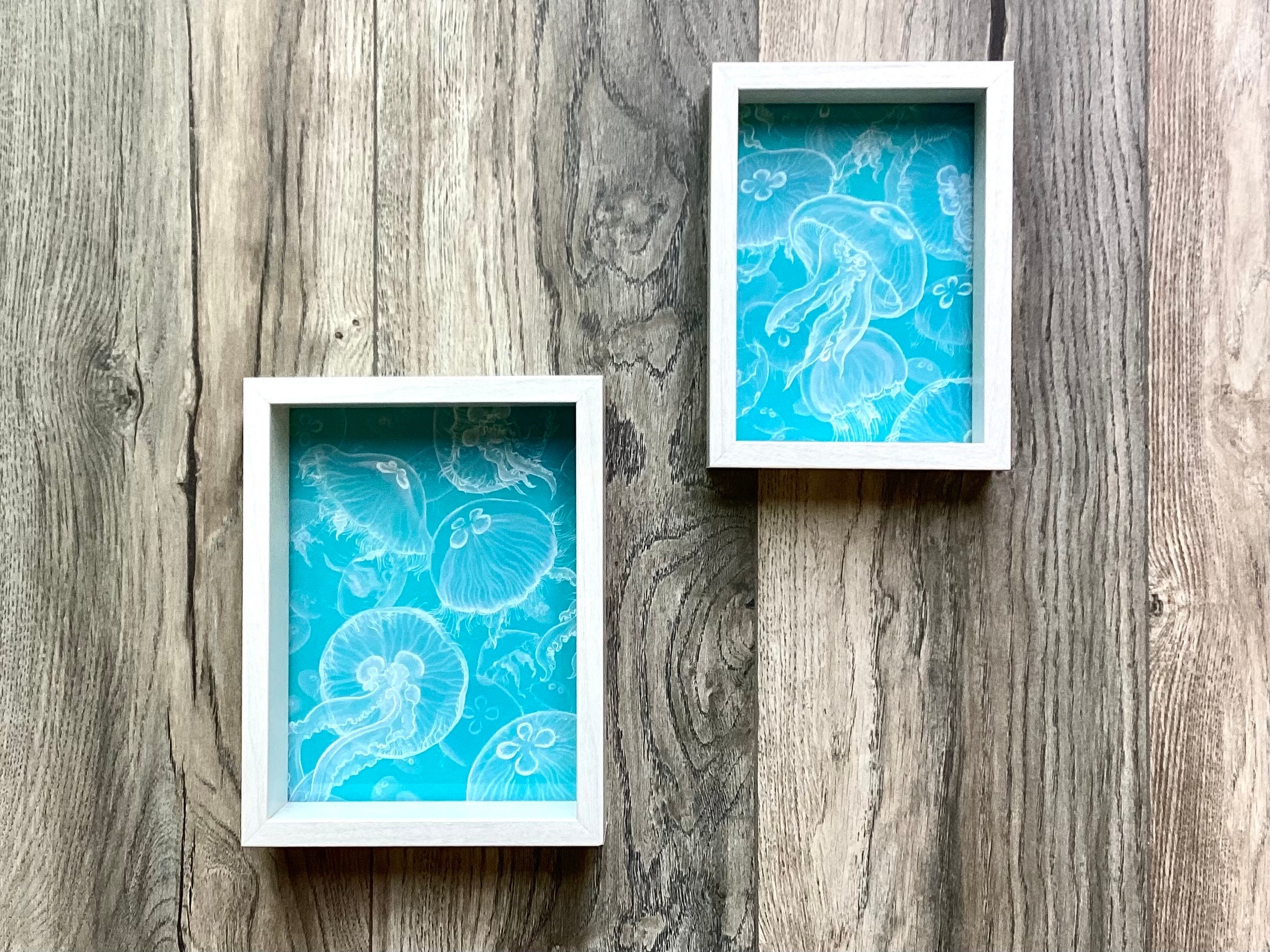 Moon Jellies - Original Set of Two White Ink Moon Jellyfish Paintings in Nesting Frames by Cassidy Lynn