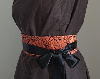 Reversible Satin Waist Belt — Wide Orange Black Obi Wrap