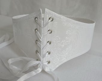 White Renaissance Underbust Corset Belt – Shimmering Satin, Bridal & Medieval Style