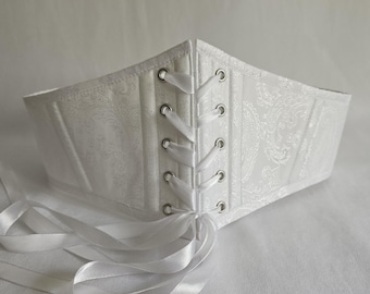 White Underbust Corset Belt, Victorian Waist Cincher, Renaissance Faire, Bridal Wedding Corset