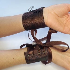 Fabric Wrist Cuffs: Brown Satin Ribbon, Royalcore Bracelet Pair