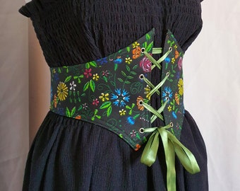 Cotton black corset belt with wildflower print blue, green, yellow, burgundy, orange for alternative wedding, renaissance, casual, Gift.