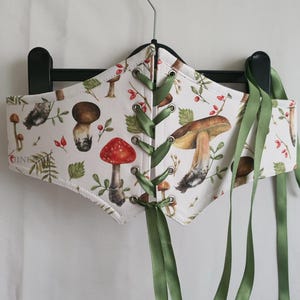Custom handmade corset belt with mushroom print for alternative wedding, cosplay, photo shoot, gift for her. Limited edition.