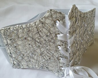 Handmade corset belt with silver lace for alternative wedding, renaissance, casual style. A gift for her. Limited edition.