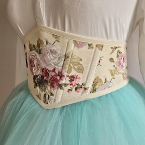 Coquette Corset Belt with Floral Print – Ecru Renaissance Underbust Corset, Prom, Wedding, Cottagecore, Gift for Her, Graduation corset