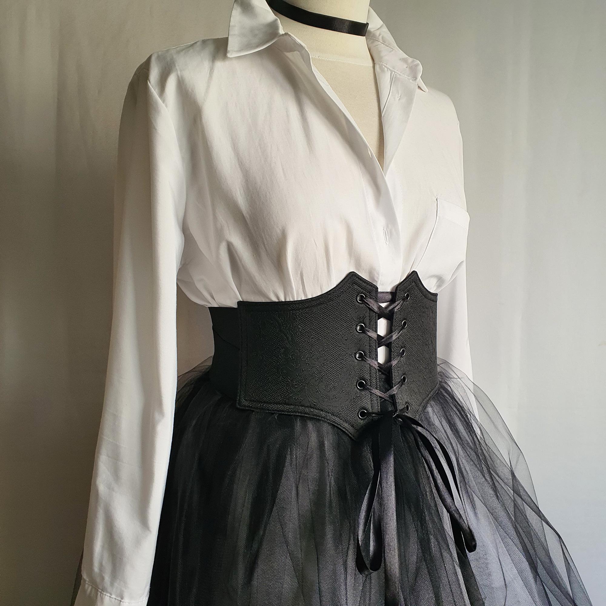 9778 Corset Belt For Women Renaissance Floral Lace-up Underbust Black Renaissance Elastic Underbust Corset Belt: Black Floral  main image 4
