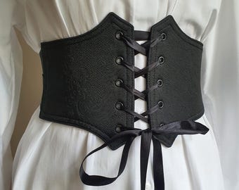 Schwarzes Unterbrustkorsett mit Blumenmuster und elastischem Gürtel – Gothic-, Piraten- und Renaissance-Stil