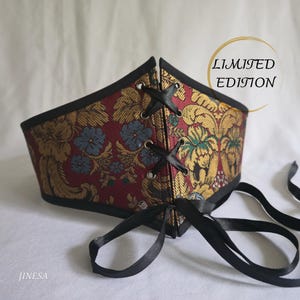 Underbust Red Corset, Custom Jacquard Corset with Golden Floral for Prom, Wedding & Cosplay, Gothic - Handmade Limited edition Gift for her