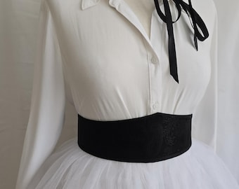 Black Satin Underbust Corset Belt: Renaissance Gothic Waist Cincher