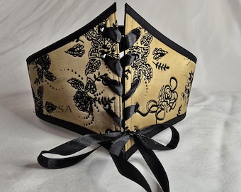 Mustard Underbust Corset Belt: Gold & Black Velvet Flowers Ren Faire