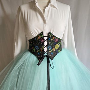 Floral Underbust Corset: Black Cotton Renaissance Corset Belt