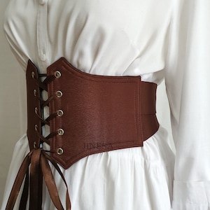 Renaissance corset belt elastic brown, Handmade pirate corset, gift for her. Plus size.