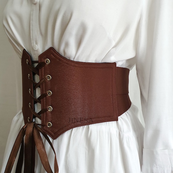 Renaissance corset belt elastic brown, Handmade pirate corset, gift for her