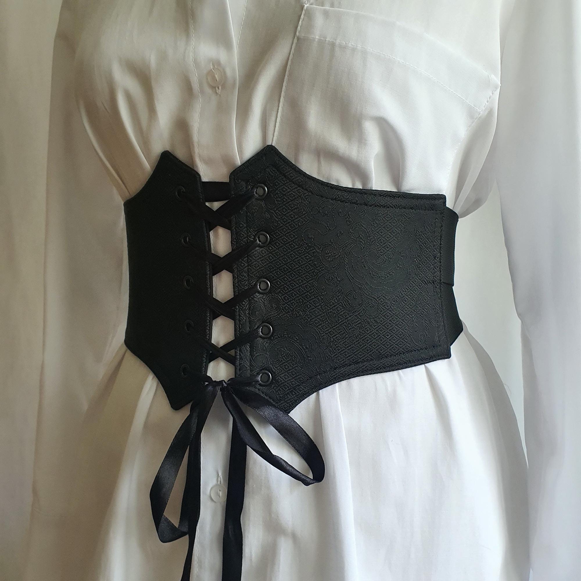 2323 Women Elastic Corset Belt Renaissance Floral Underbust Wide Renaissance Elastic Underbust Corset Belt: Black Floral  main image 4