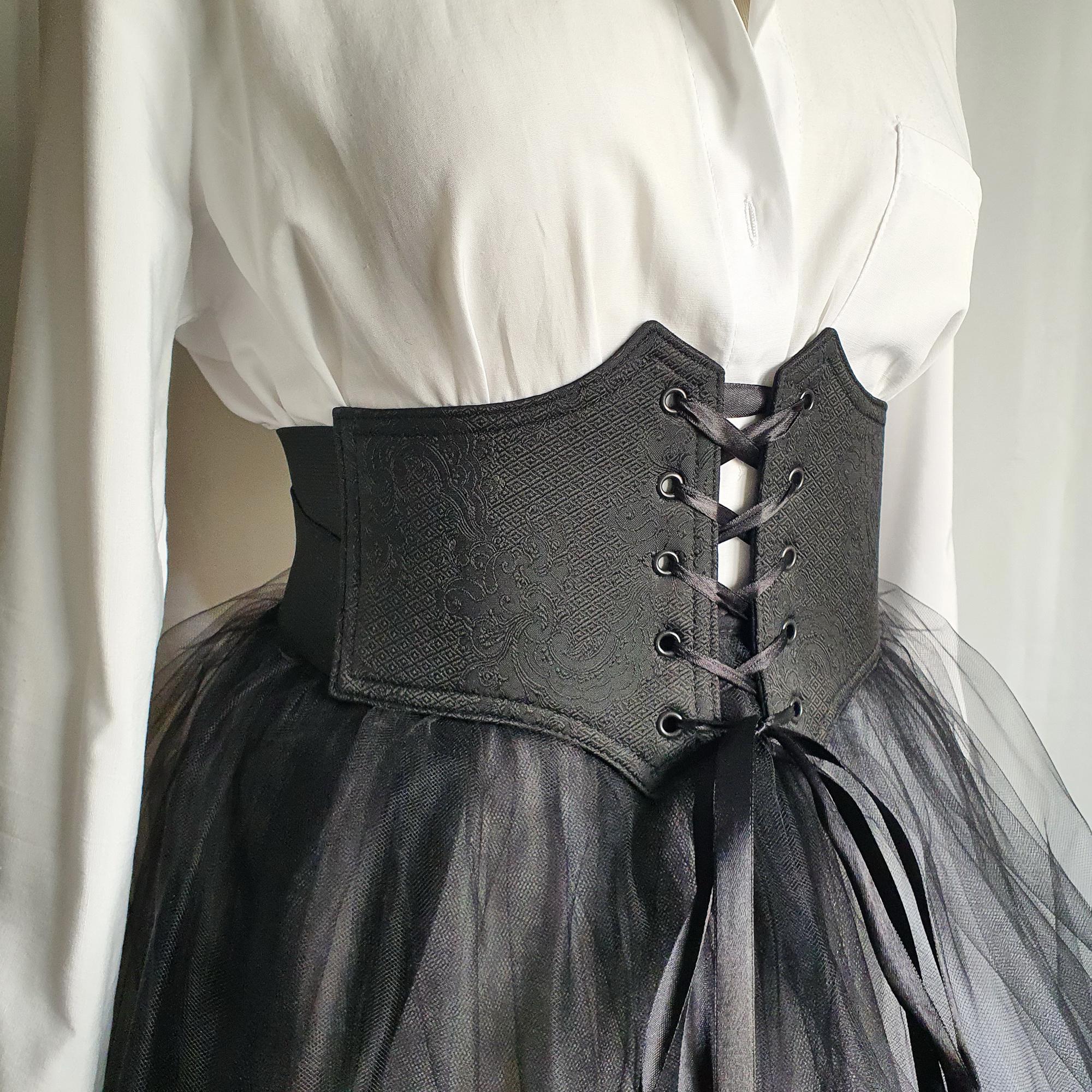Renaissance Elastic Underbust Corset Belt: Black Floral 