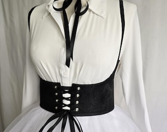 Black Satin Underbust Corset Vest: Renaissance, Gothic, Cosplay, Size M - L