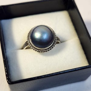 NIB VTG 925 Silver Blue Mabe Pearl Large Dome Peacock Bali Style Ring Sz 8
