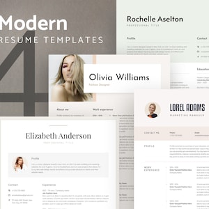 May include: Four modern resume templates with a beige background. The templates feature a profile section, contact information, work experience, and education. Each template includes a headshot of a woman.