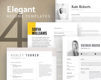 May include: Four elegant resume templates with black and white backgrounds and yellow accents. The templates feature a professional profile, work experience, education, and contact information. The text "Elegant Resume Templates" is displayed at the top of the image.