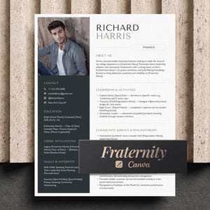 May include: A professional CV template featuring a black and white layout with a photo placeholder of a person in a plaid shirt. The document includes sections for contact, education, skills, and experience, with the text Fraternity Canva.
