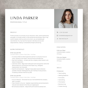 Op de afbeelding: Een professionele cv-sjabloon met de naam "LINDA PARKER" bovenaan. Het document bevat secties voor profiel, werkervaring, opleiding en vaardigheden. Een foto van een vrouw staat in de rechterbovenhoek. Het cv heeft een witte achtergrond.