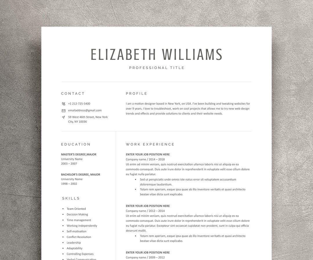 Modern Resume Template for Word, Professional CV Design (instant ...